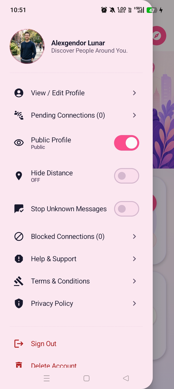 NearMate Profile and menu screen